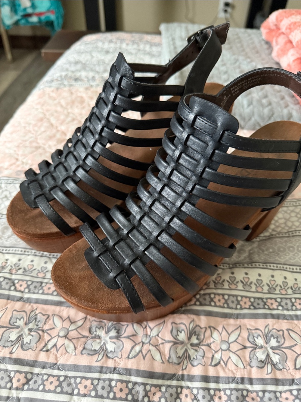 Black Strappy Wedge Sandals